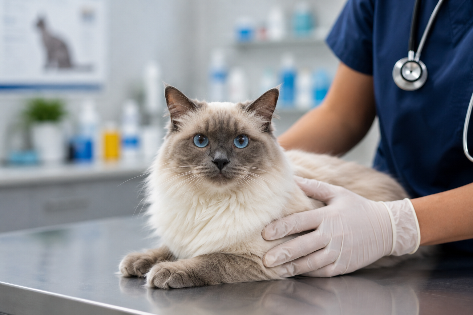 Κτηνίατρος εξετάζει γάτα ράτσας Ragdoll σε κτηνιατρείο